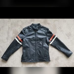 Unik Mens Motorcycle Biker Jacket Leather Black Orange Off White Stripe Size Med